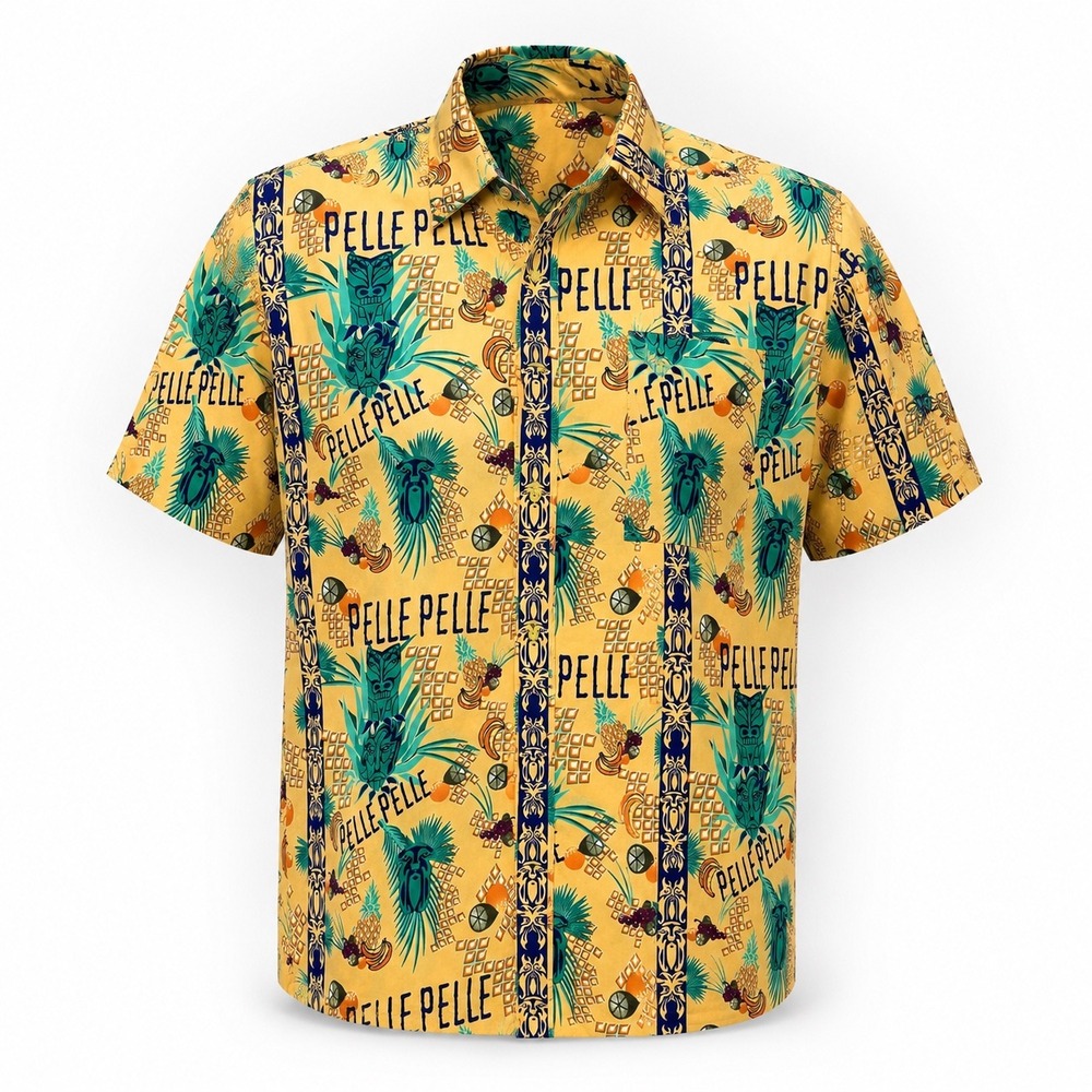 90s Pelle Pelle Hawaiian Shirt Mens XL Yellow Tiki Mask Marc Buchanan Tropical